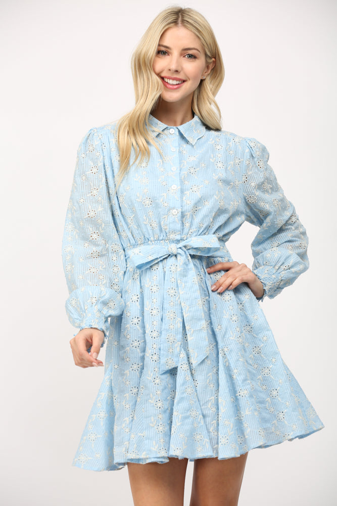 Blue Eyelet Smock Waist Dress