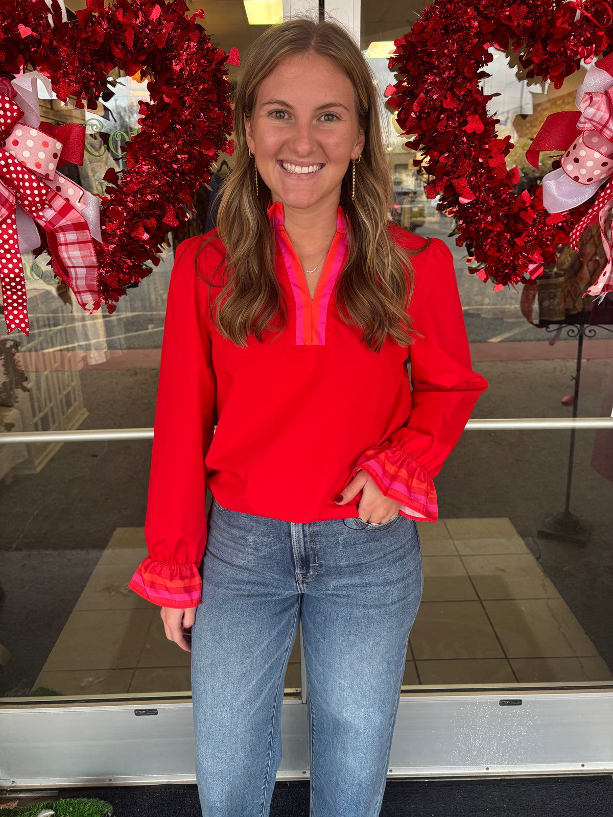 Red Striped trim ruffle top