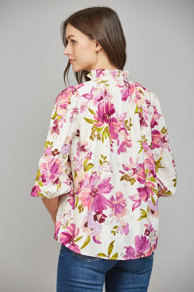 Fuchsia Floral 3/4 Sleeve Eyelet Blouse