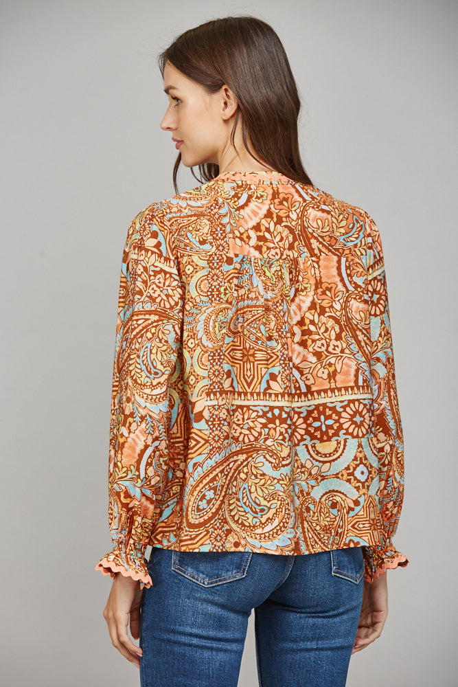 Rust Multi Print Trim Detail L/S Blouse
