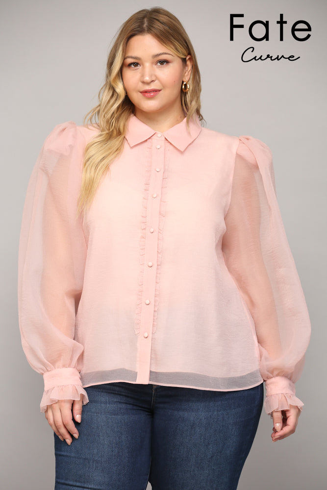 Pnk Sheerslv Ruffle Button Blouse