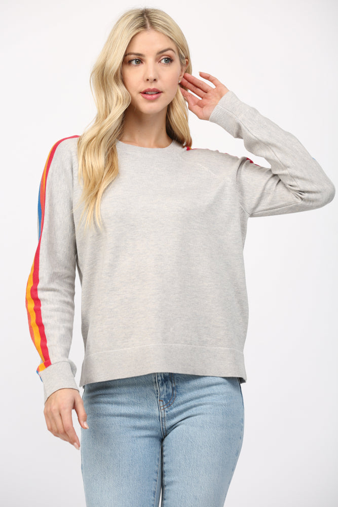 Multi Striped Sleeve Grey Sweater