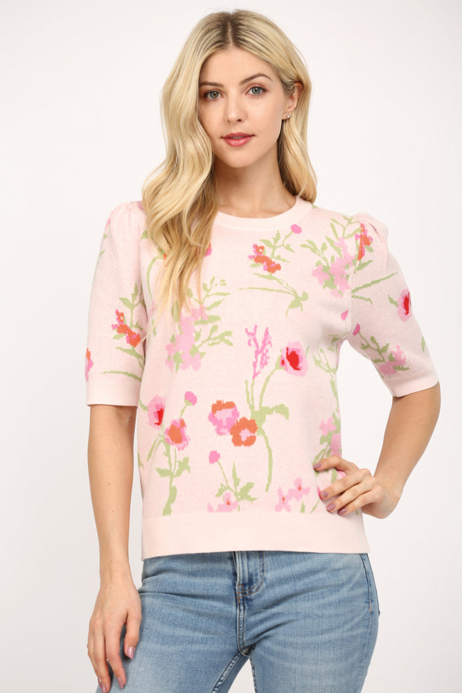 short puff sleeve pink floral sweater