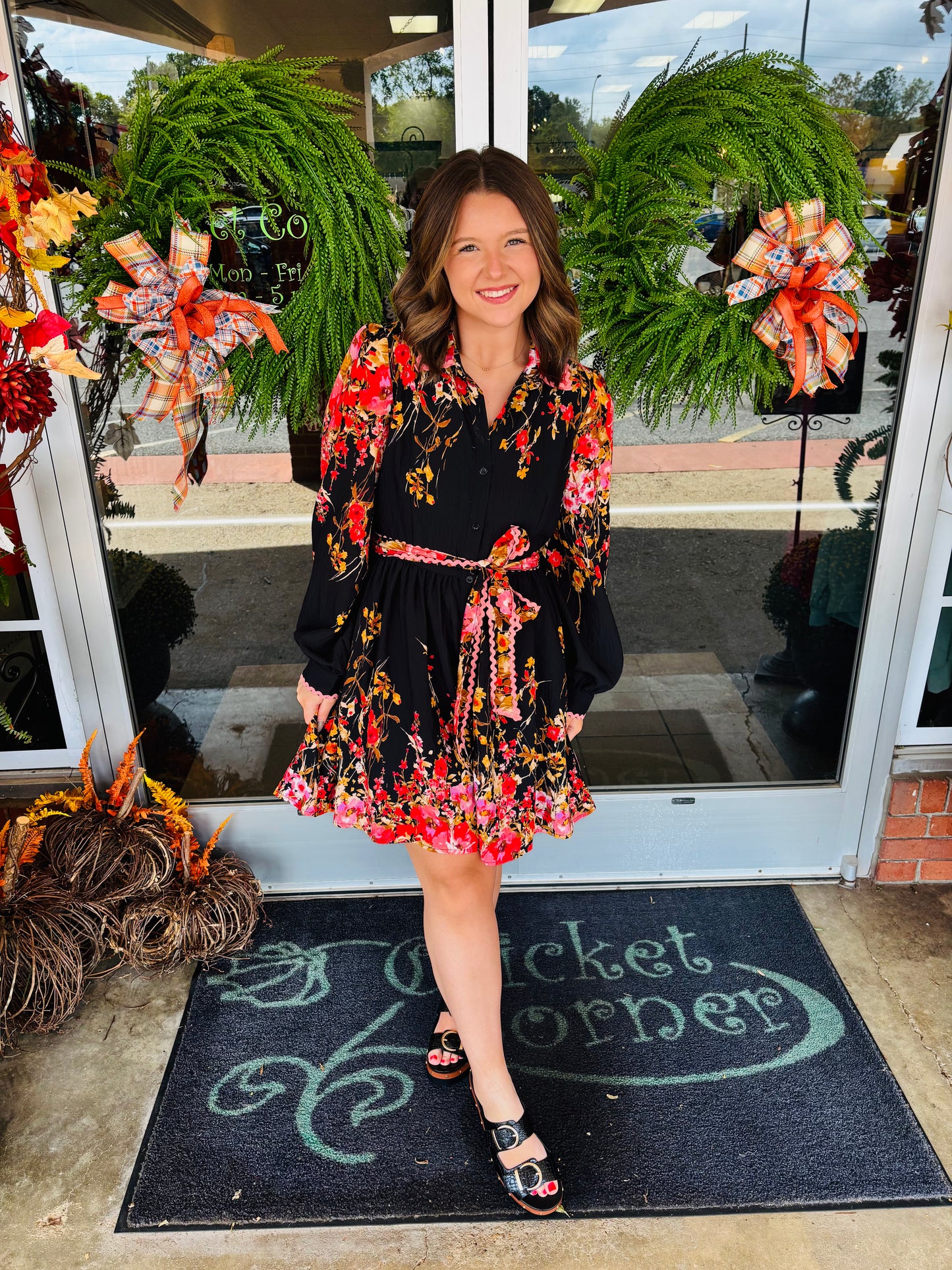 Black Multi Floral button down mini