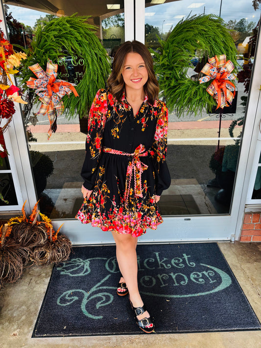 Black Multi Floral button down mini
