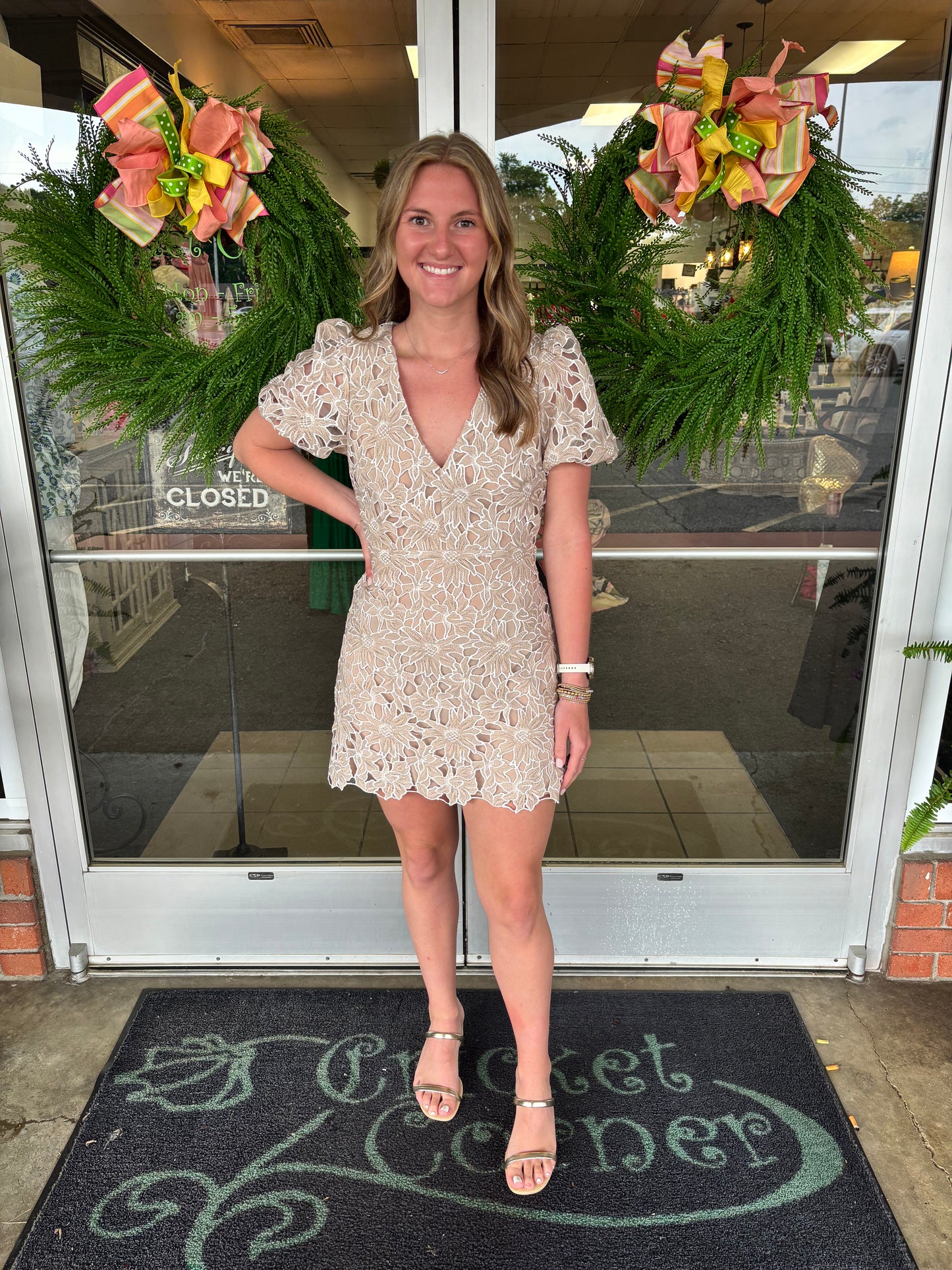Karina Beige Floral Lace Dress