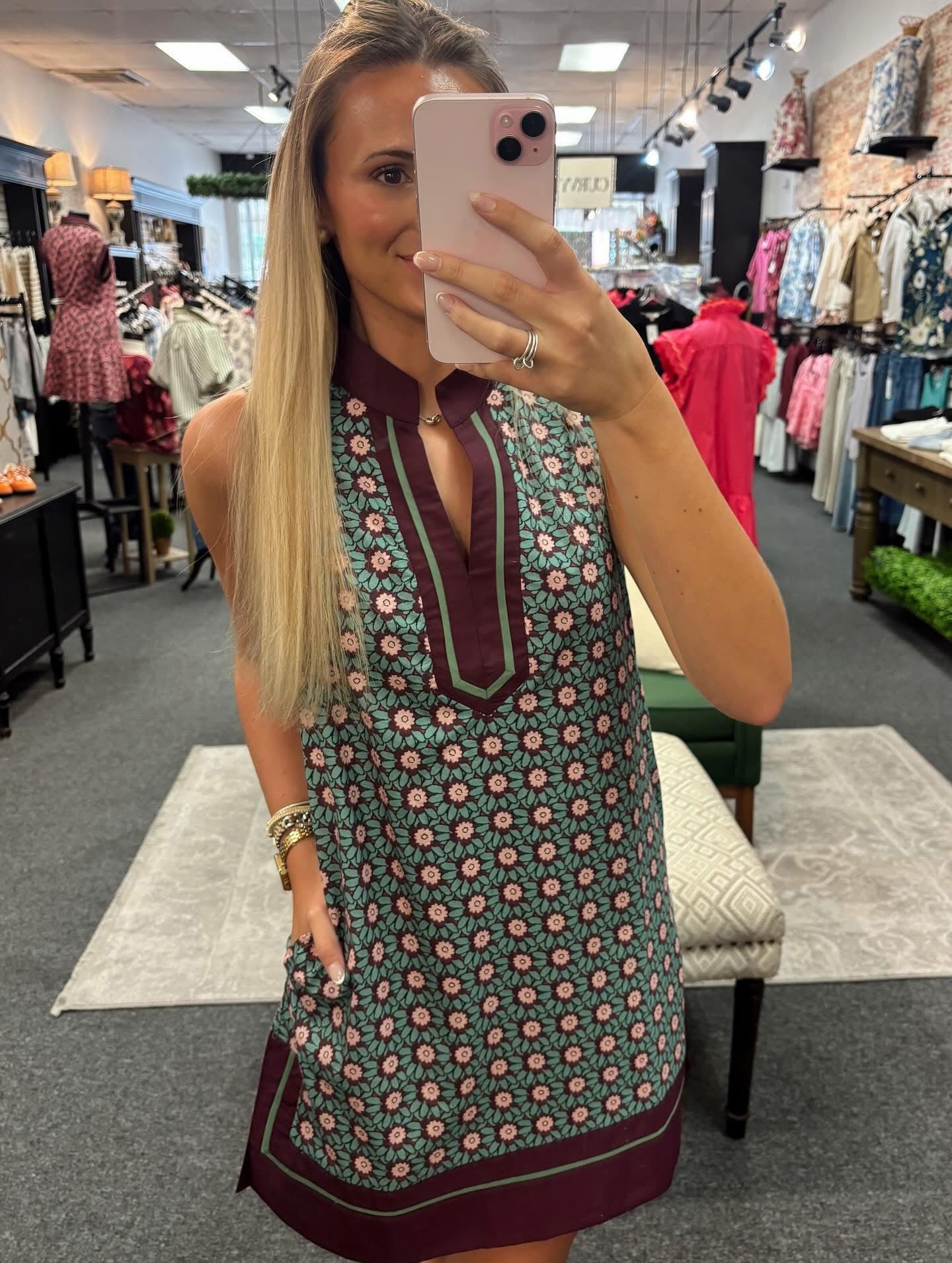 Wine & Green Floral Construction Trim Sleeveless Dress
