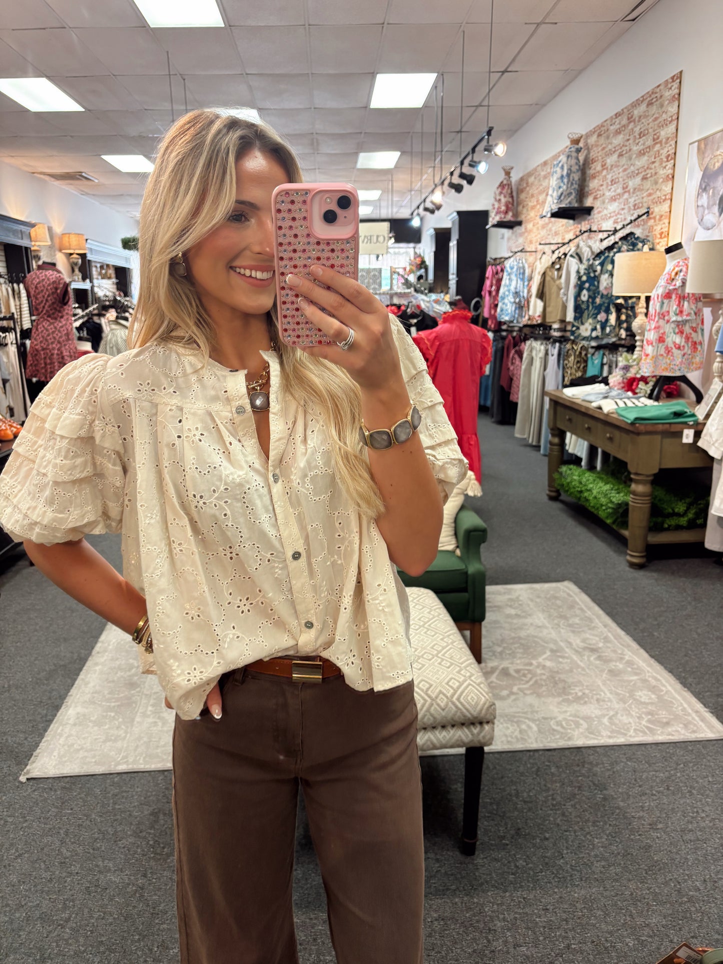 Cream Short Sleeve Eyelet Button Top
