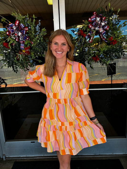 org multi stripe vnk collar dress