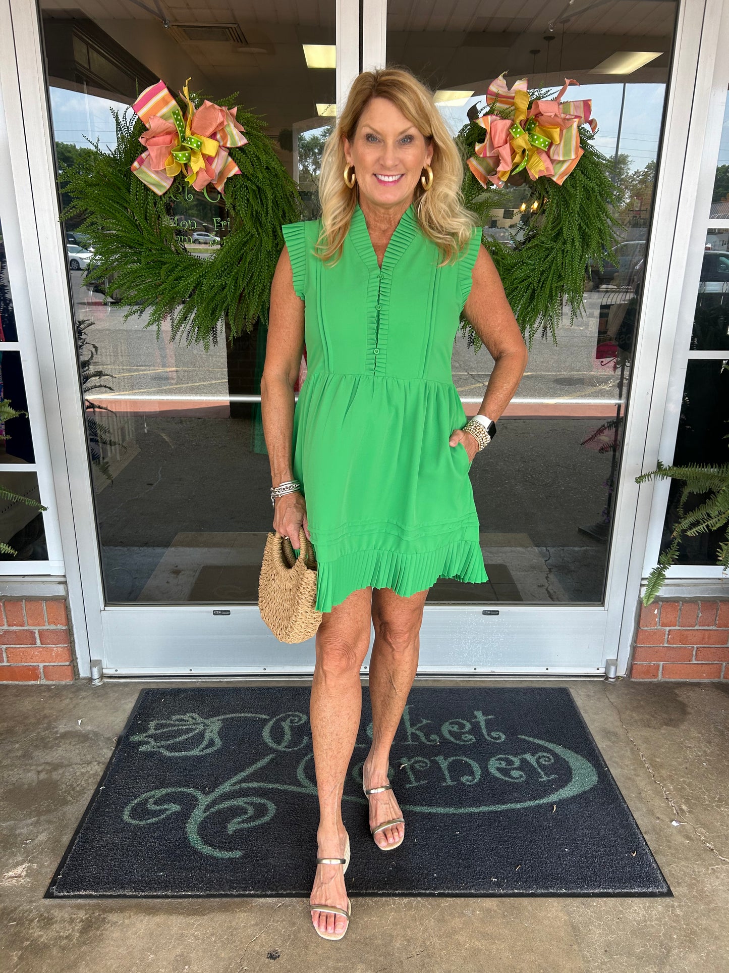 Pleated Trim Green 3 Button Dress