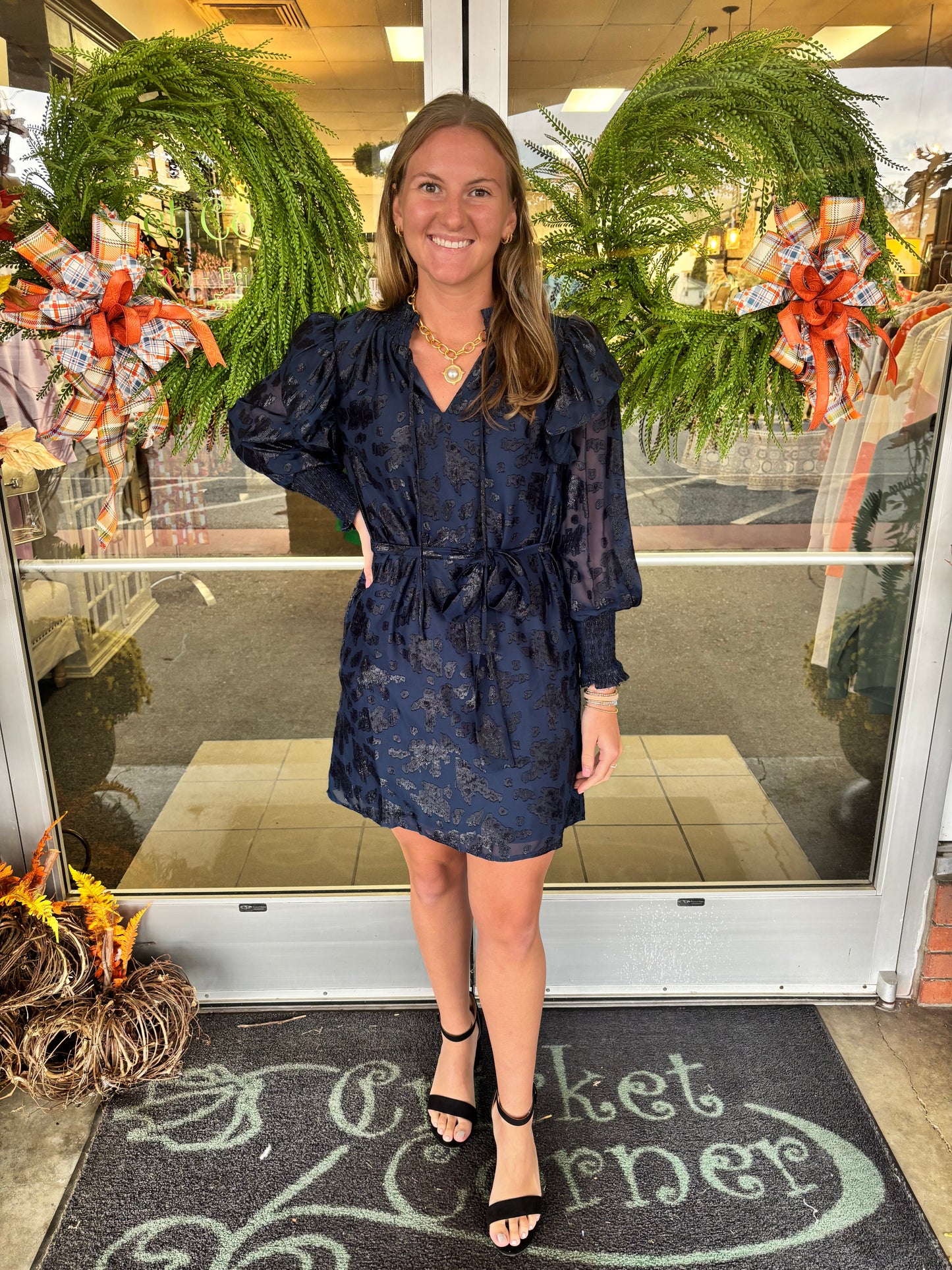 Navy Animal Print Flutter Sleeve Dress