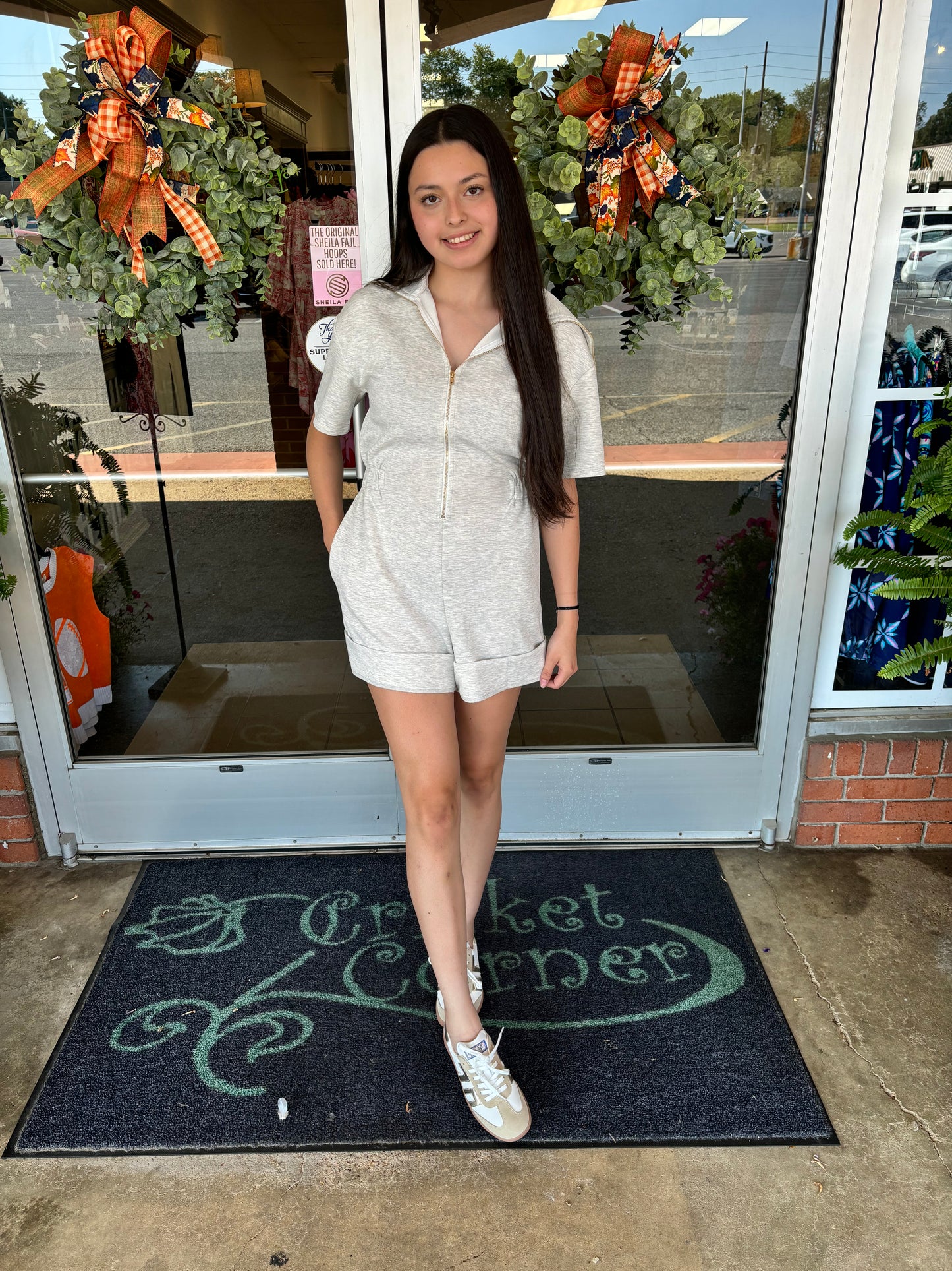 Short Slv Heather Grey Knit Zip Romper