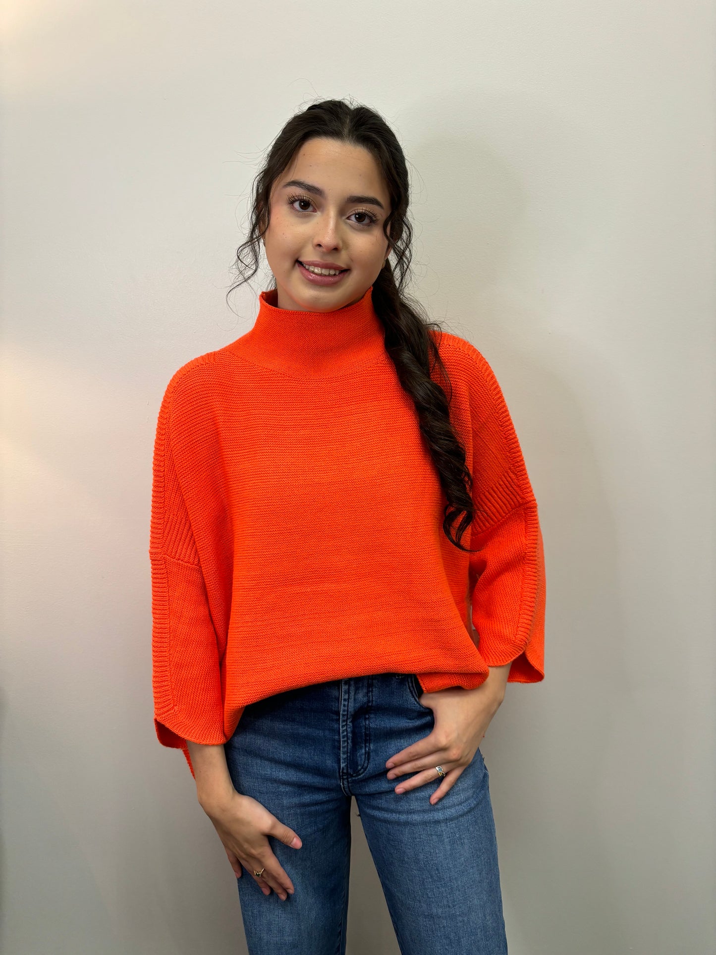 Boho Orange 3/4Slv Sidelit Turtlenk Sweater