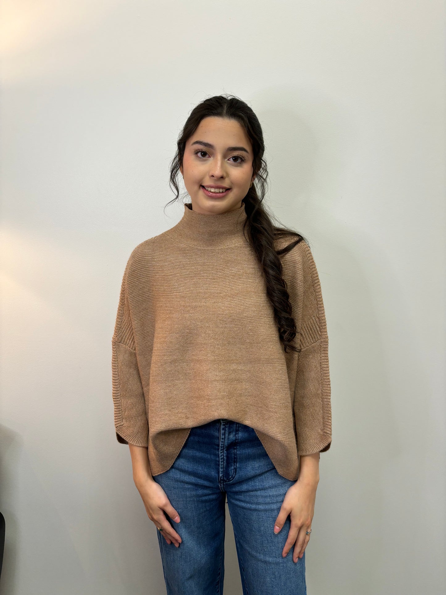 Boho Camel 3/4Slv Sideslit Turtlenk Sweater