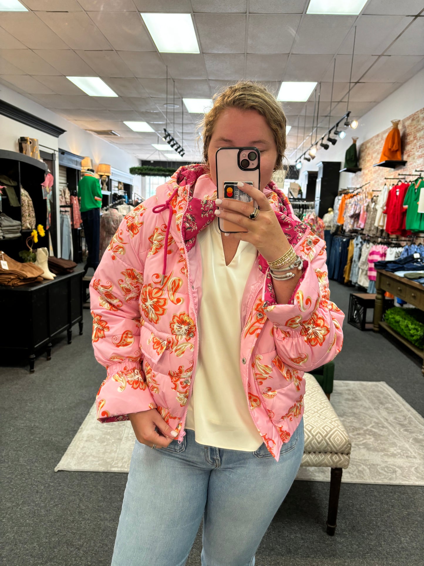 Pink Patterned Puffer Jacket