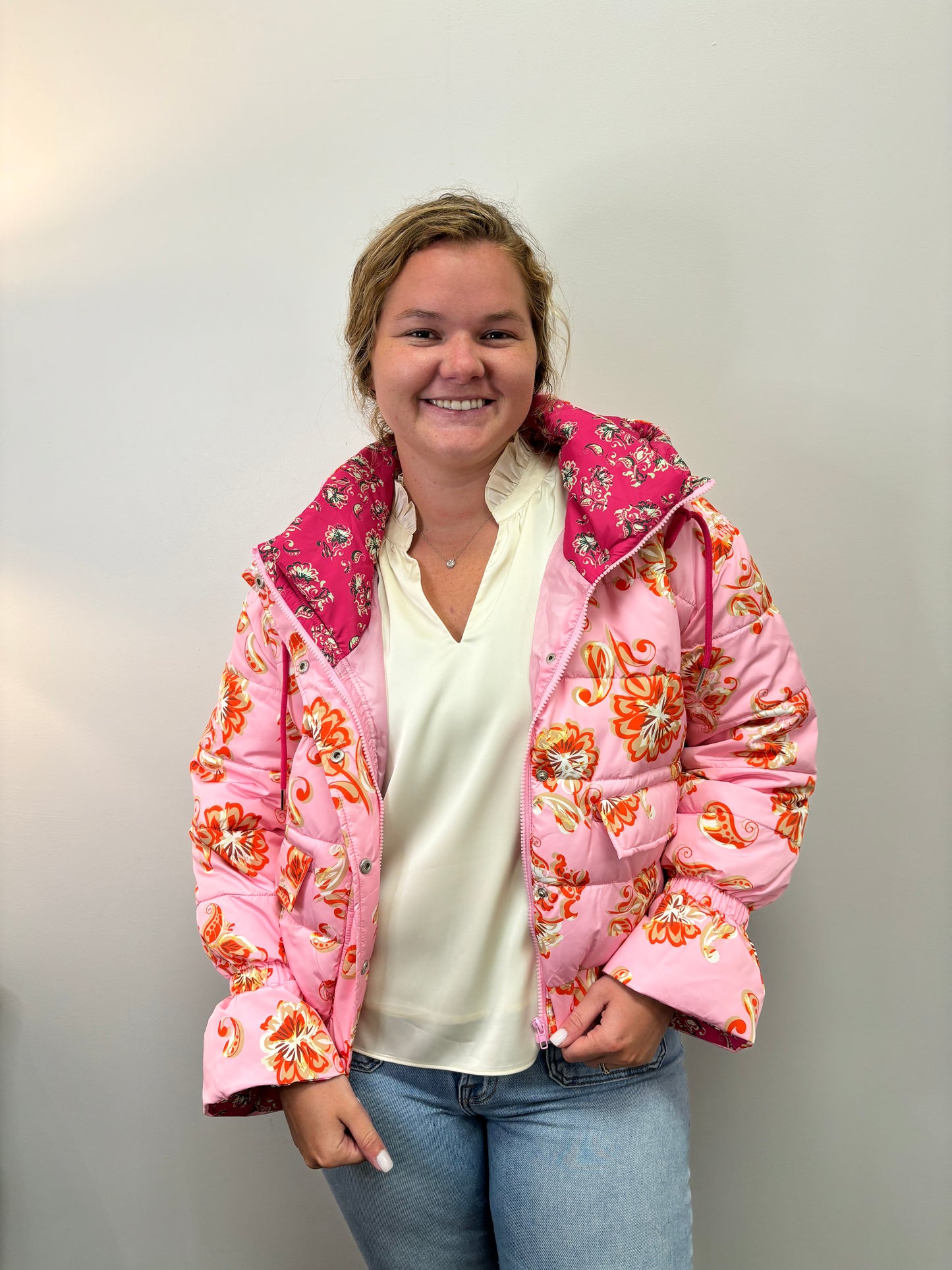 Pink Patterned Puffer Jacket