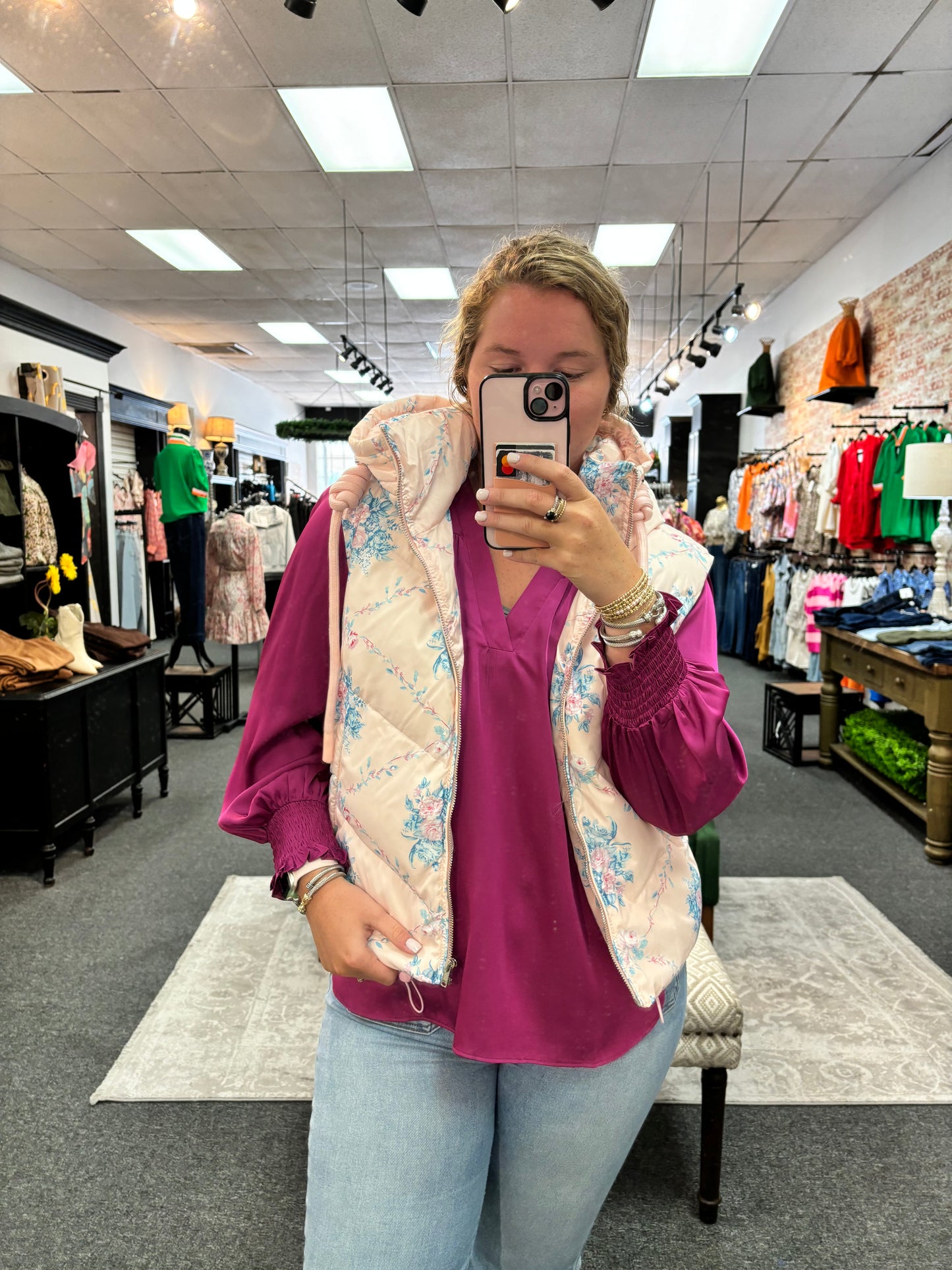 Pink Floral Hooded Puffer Vest
