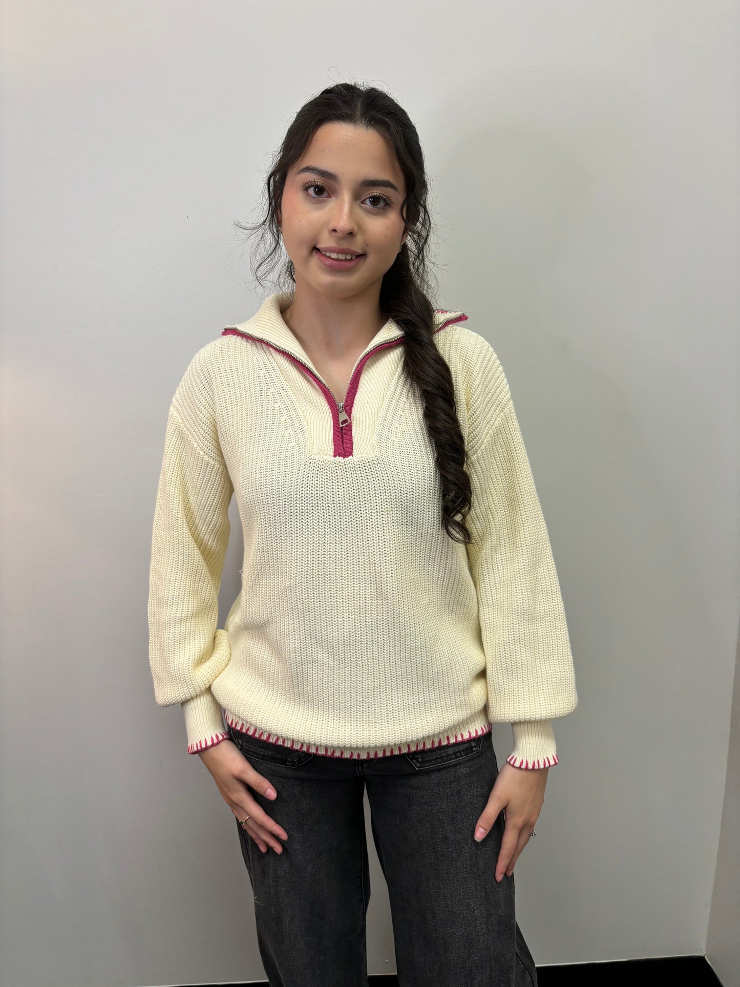 Cream Sweater with Pink Trim