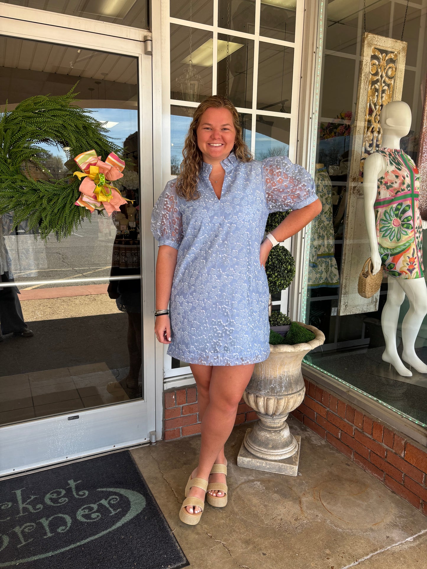 Mistflowers Blue Collared Chemise Dress
