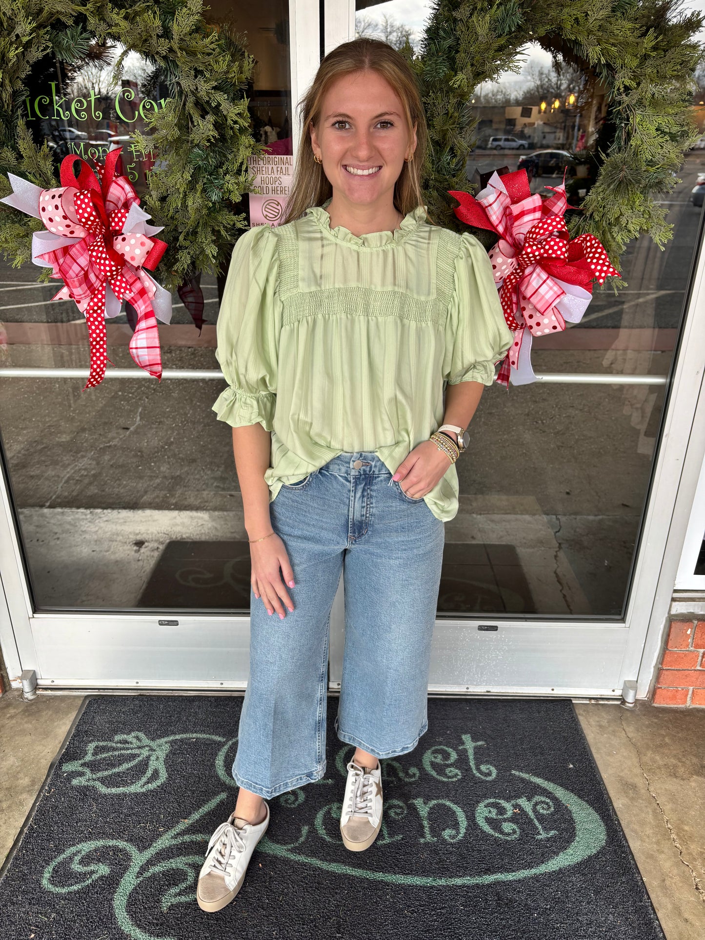 Pistachio Smocked Ruffle Neck Top