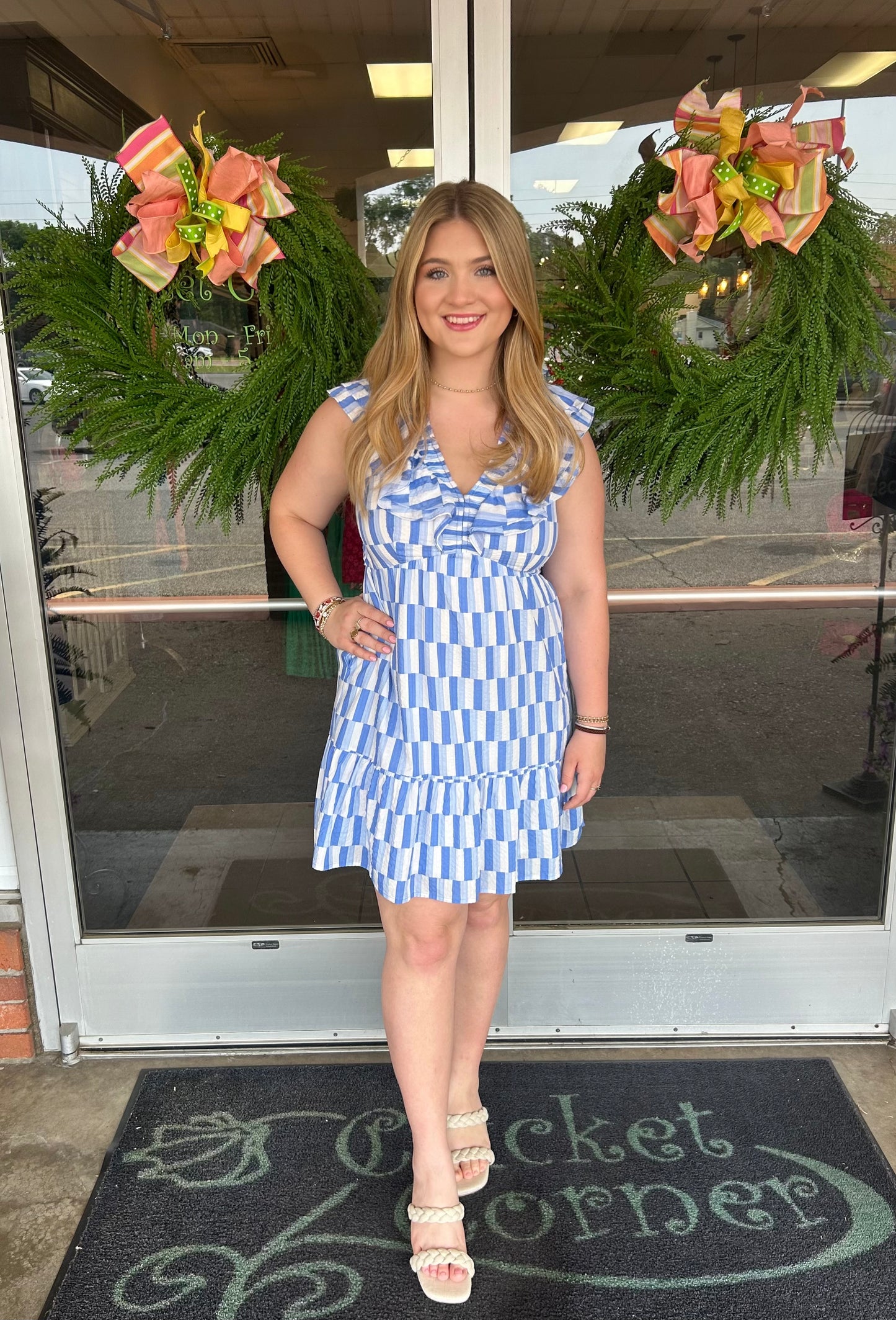 Blue & White Geo Ruched Vneck RufflesDress