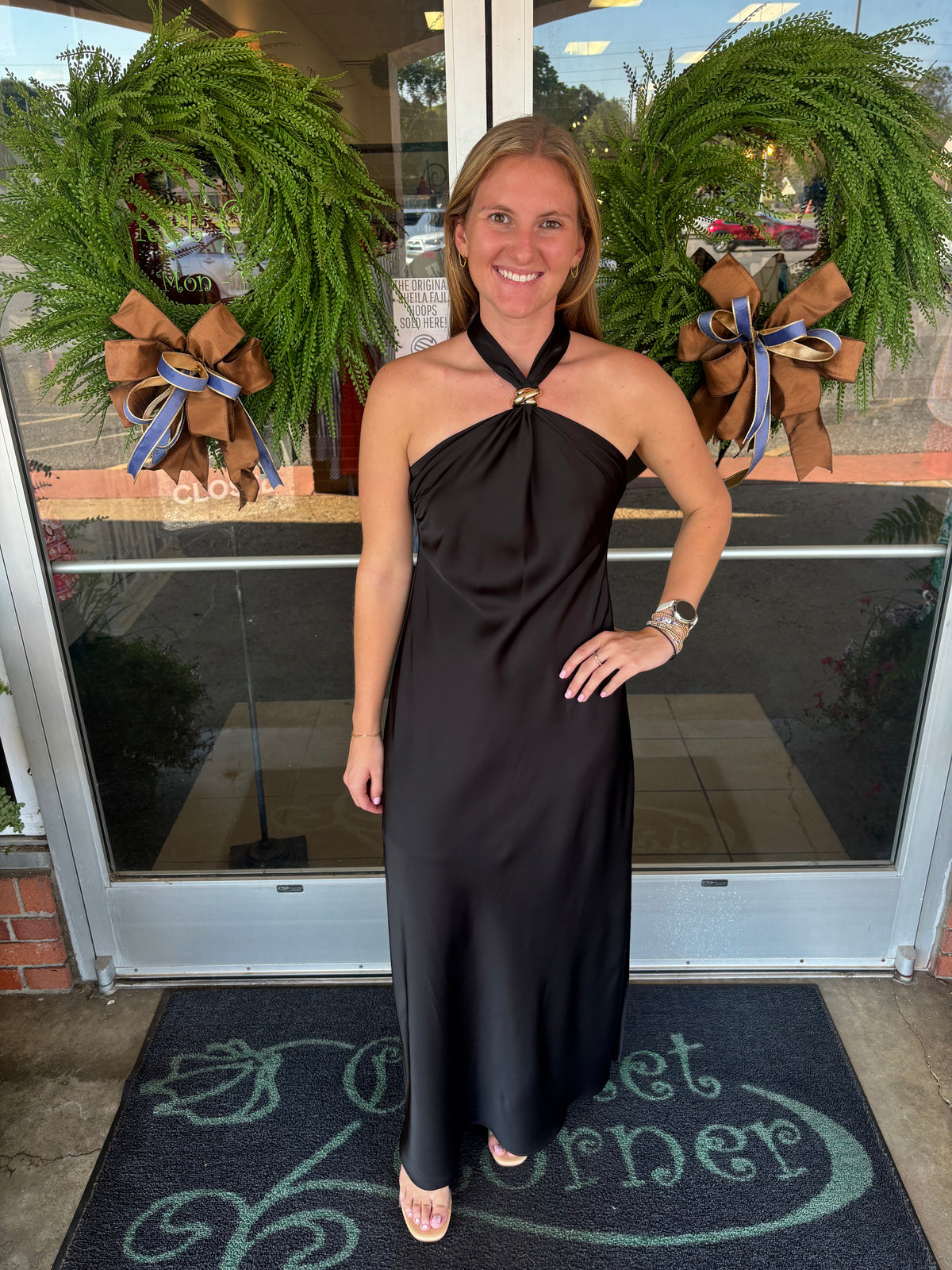 Black satin halter maxi dress