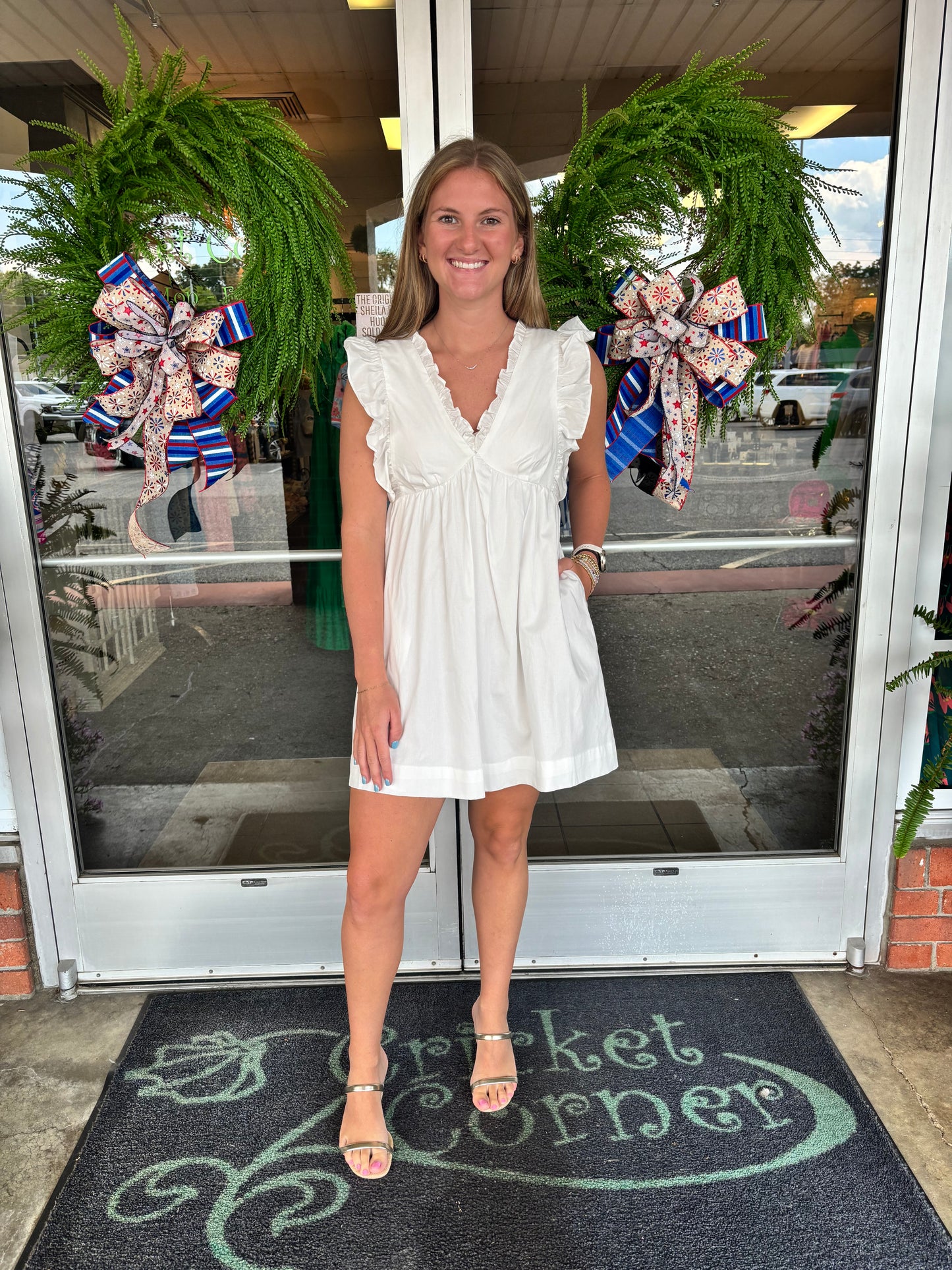 White Poplin Ruffle Sleeve Vneck Dress