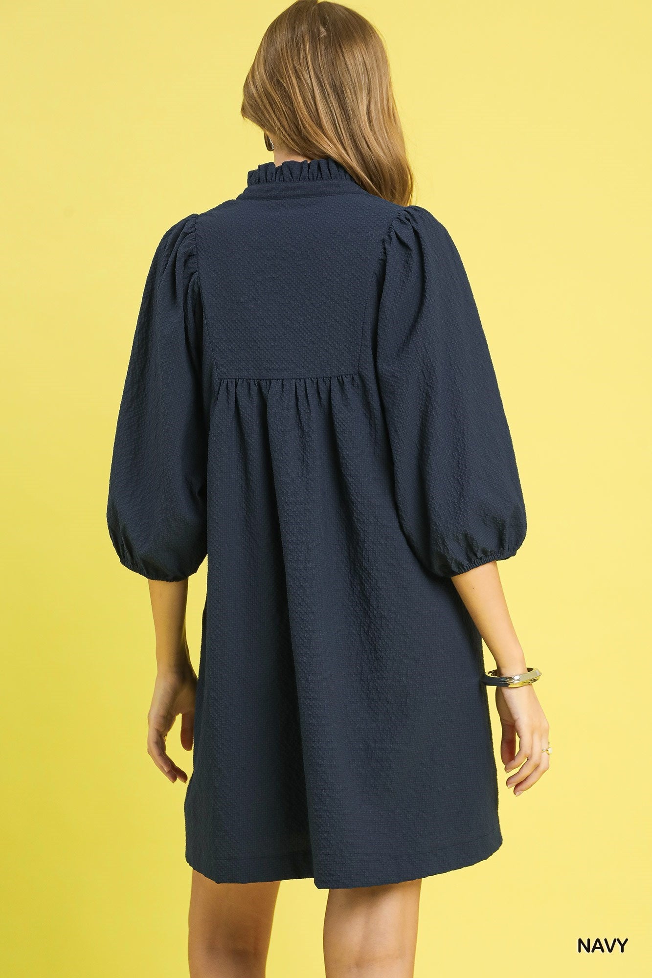 Navy Lined textured high neck mini dress