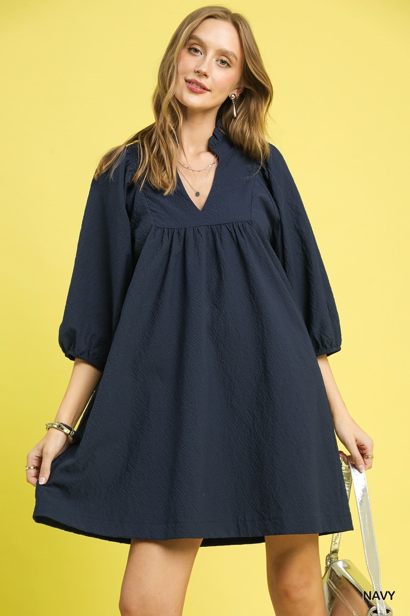 Navy Lined textured high neck mini dress