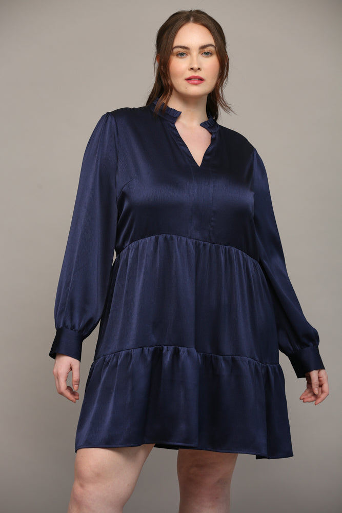 Long Slv Navy Vnk Tiered Ruffle Dress