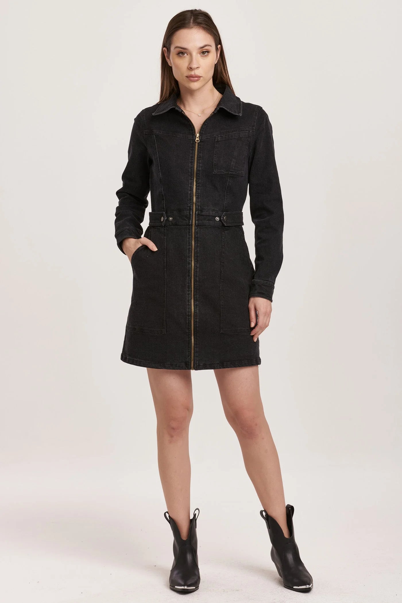 Sage- Long Sleeve Black Denim Zip Dress