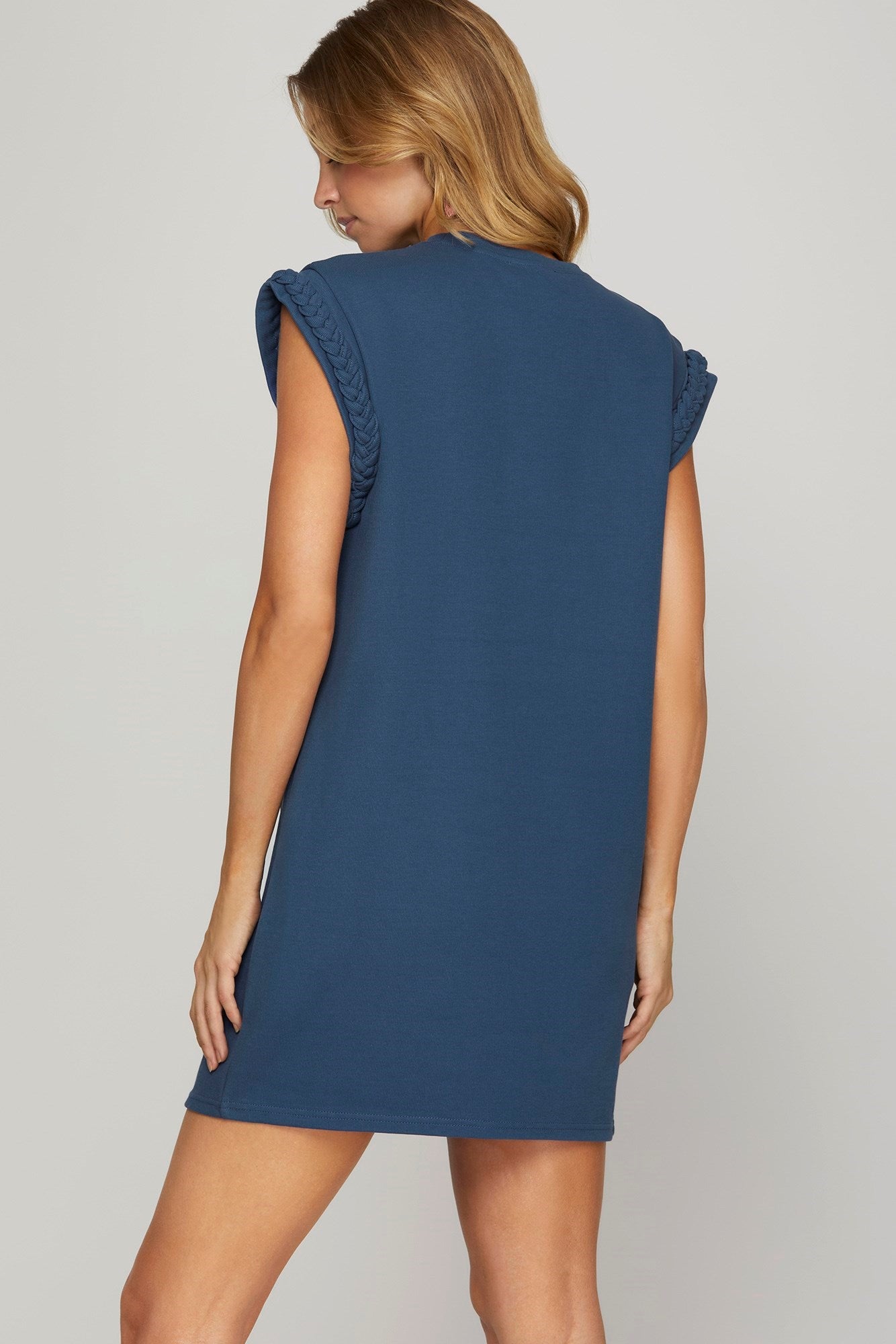 Blue Sleeveless Braided Trim Dress