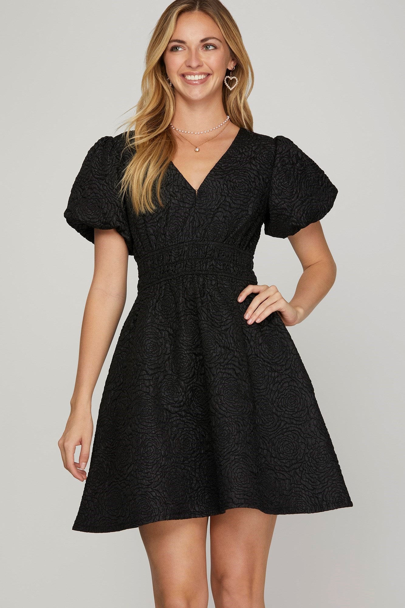 Puff Sleeve Solid Vneck Jaquard Dress Black or White