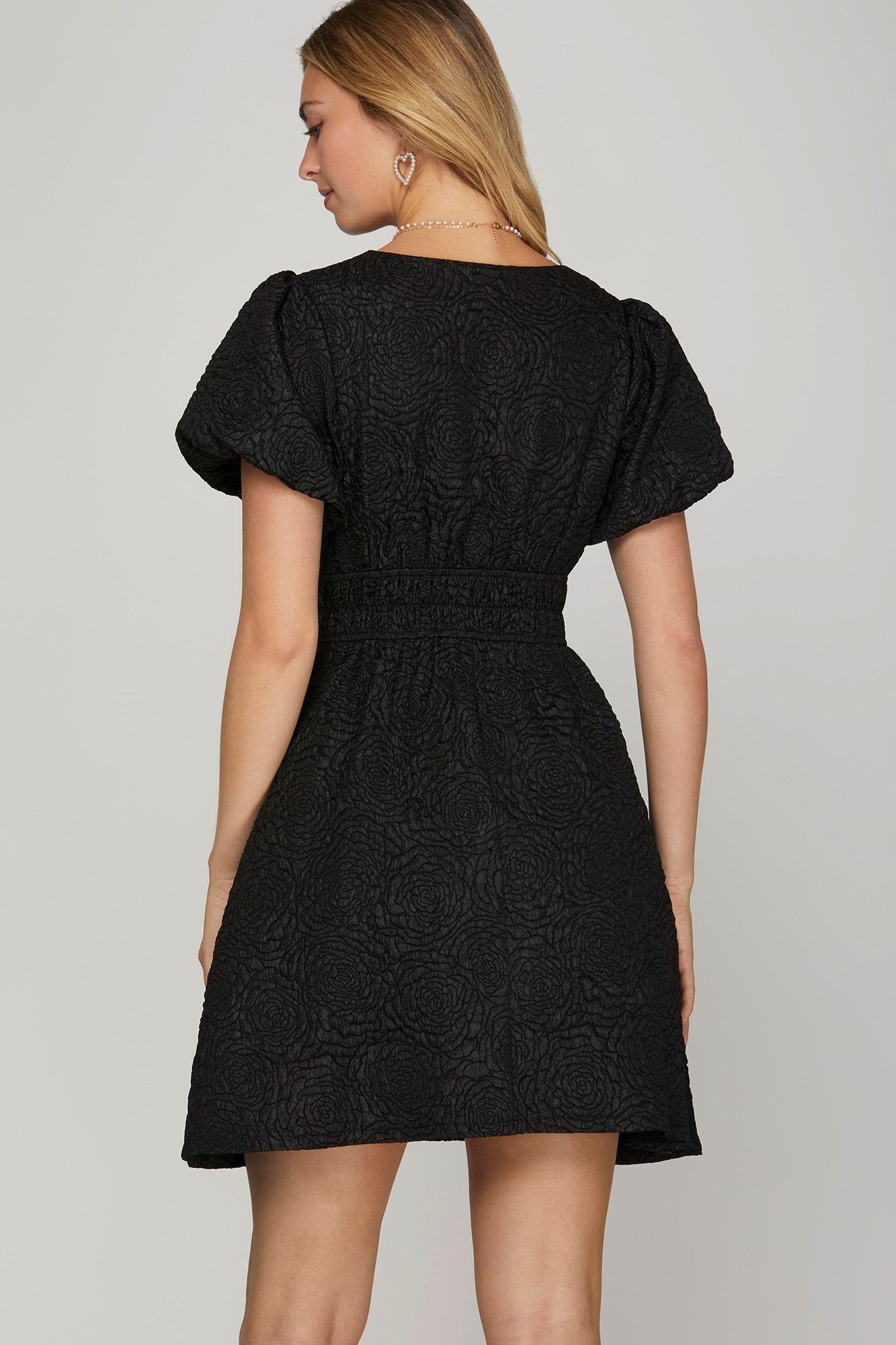Puff Sleeve Solid Vneck Jaquard Dress Black or White