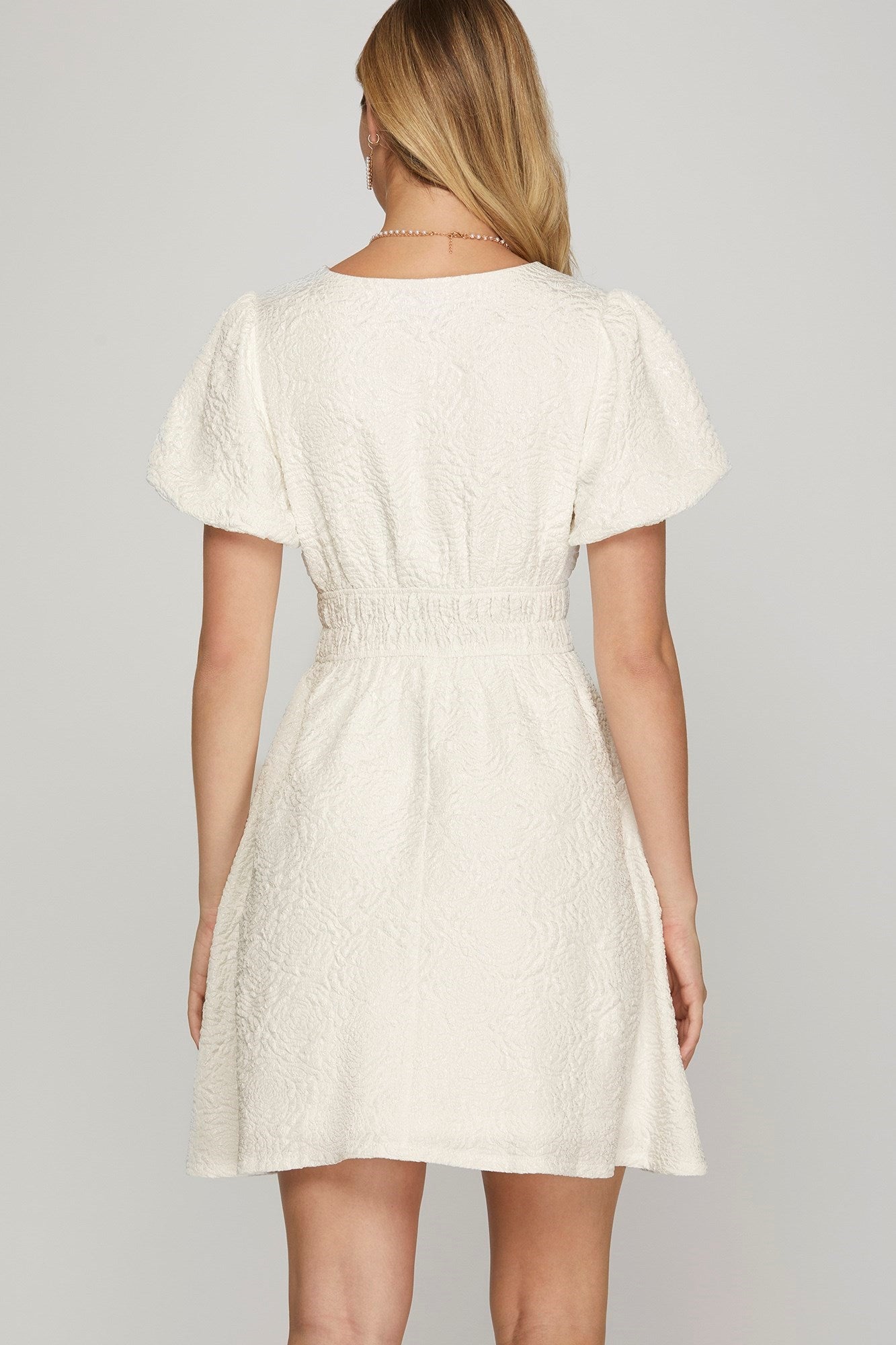 Puff Sleeve Solid Vneck Jaquard Dress Black or White