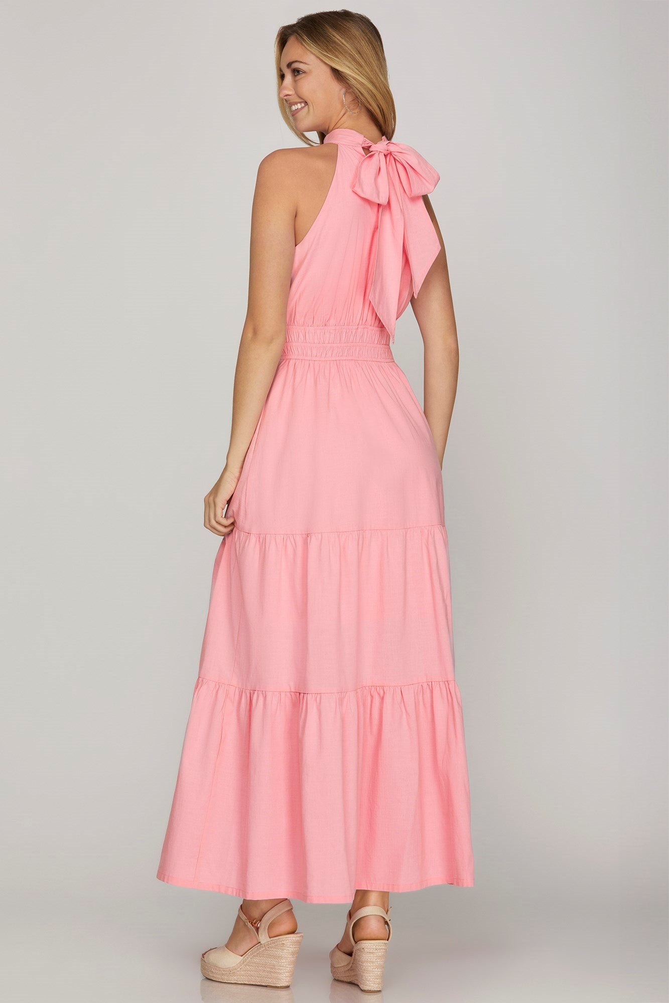 Pink Tie Back Tiered Halter Maxi