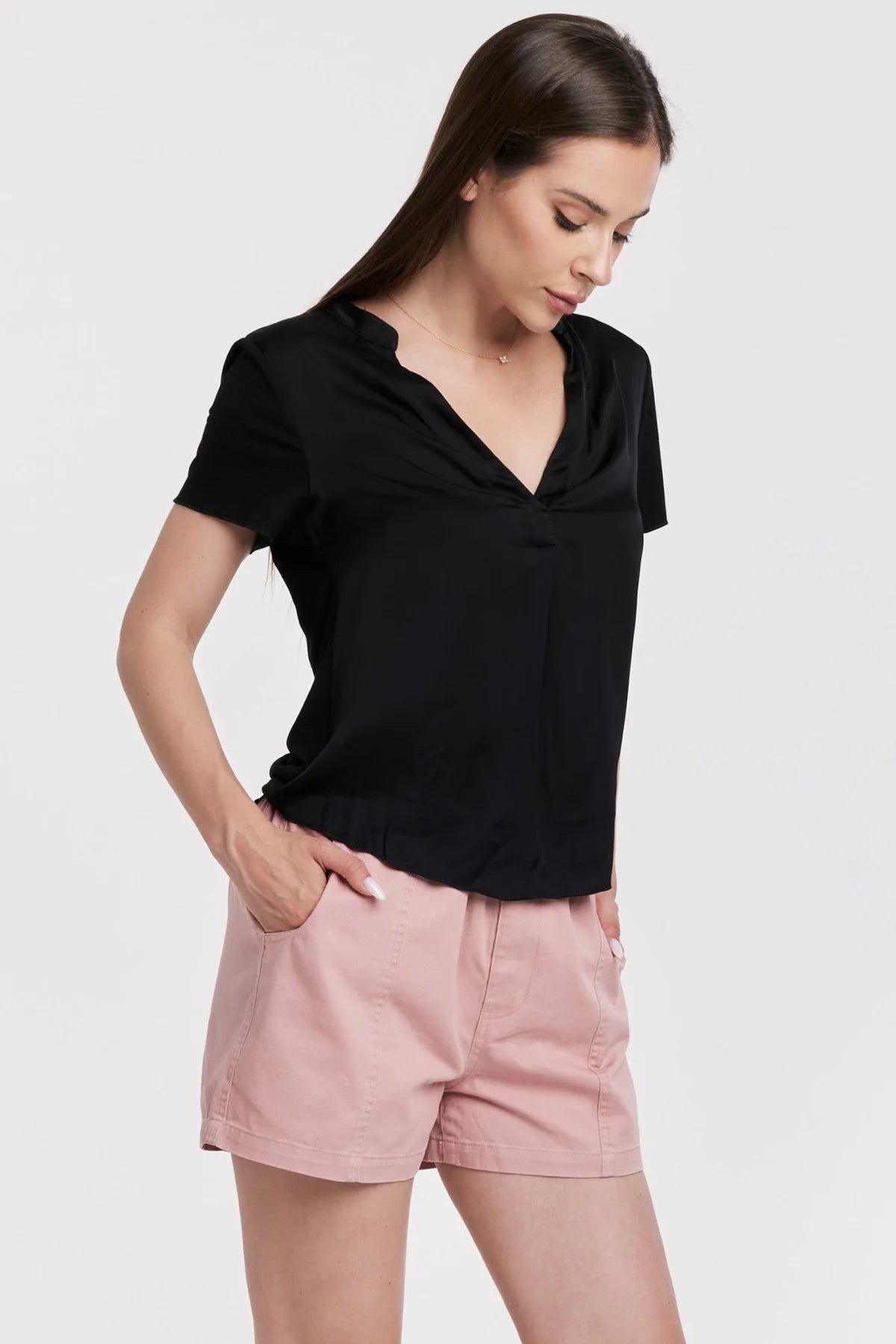 Lilo Black Satin Short Sleeve Vneck Top