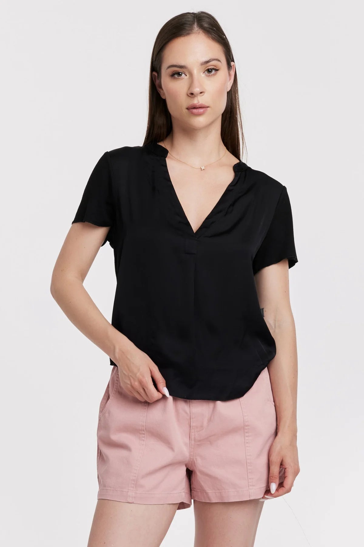Lilo Black Satin Short Sleeve Vneck Top