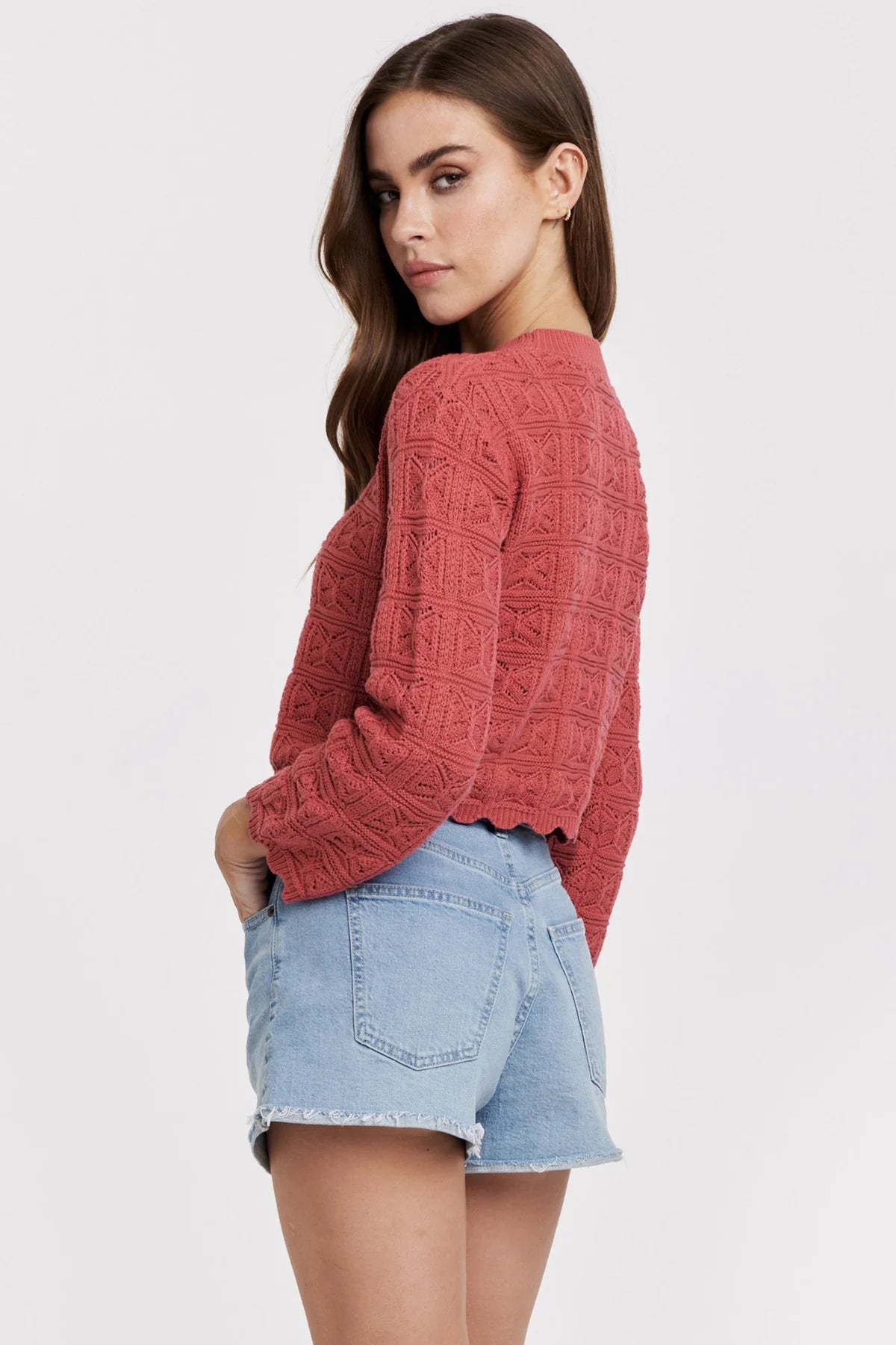Uma Dark Coral Scallop Trim Long Sleeve Sweater
