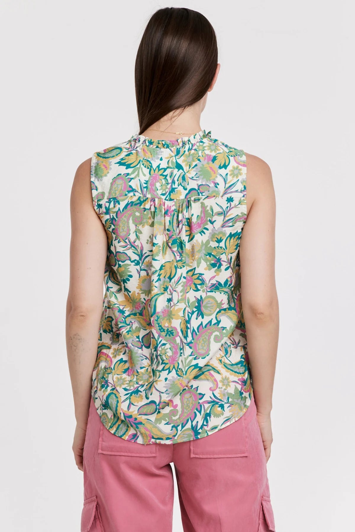 Fia Sleeveless Green Multi Paisley Ruffle VNeck Top