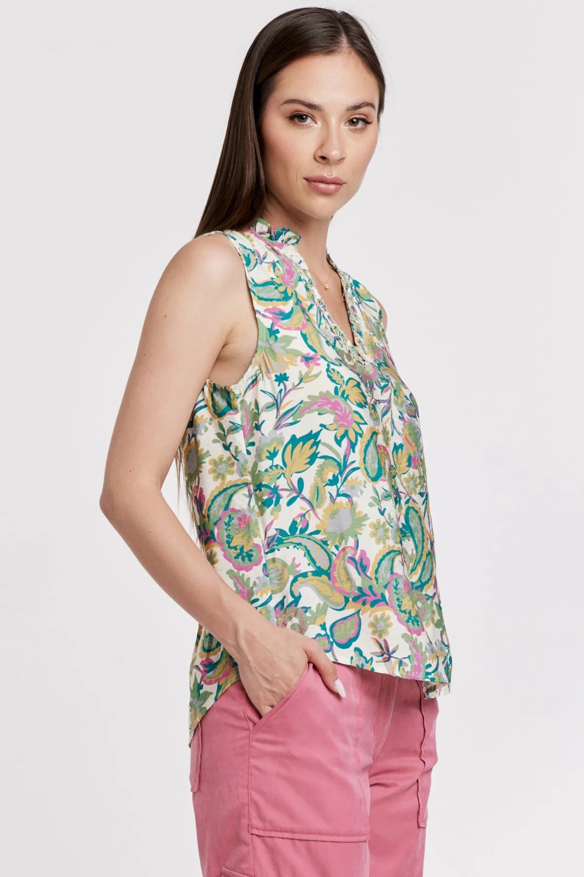 Fia Sleeveless Green Multi Paisley Ruffle VNeck Top