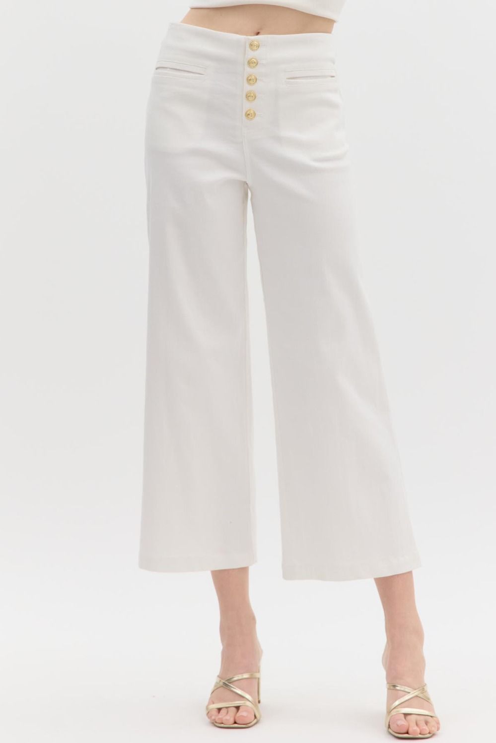 Gold Button Slit Pocket White Jean