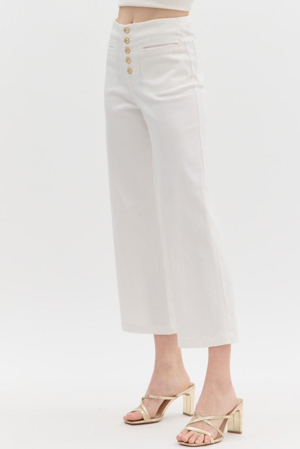 Gold Button Slit Pocket White Jean