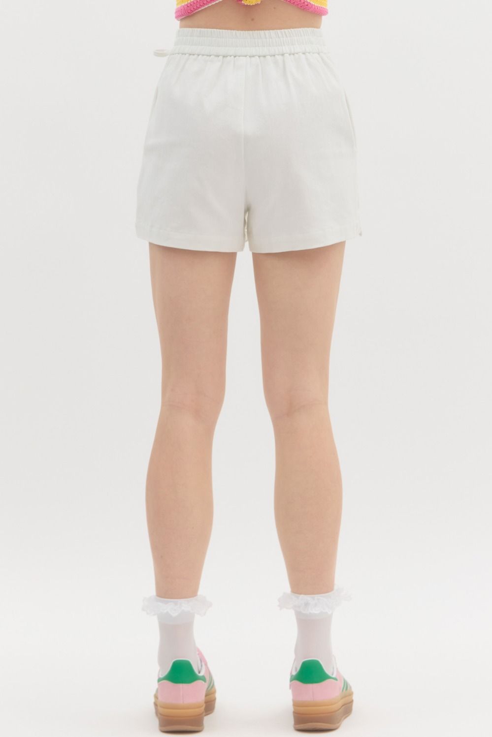 Solid high-waist wrap skort w/ embroidered scallop finish