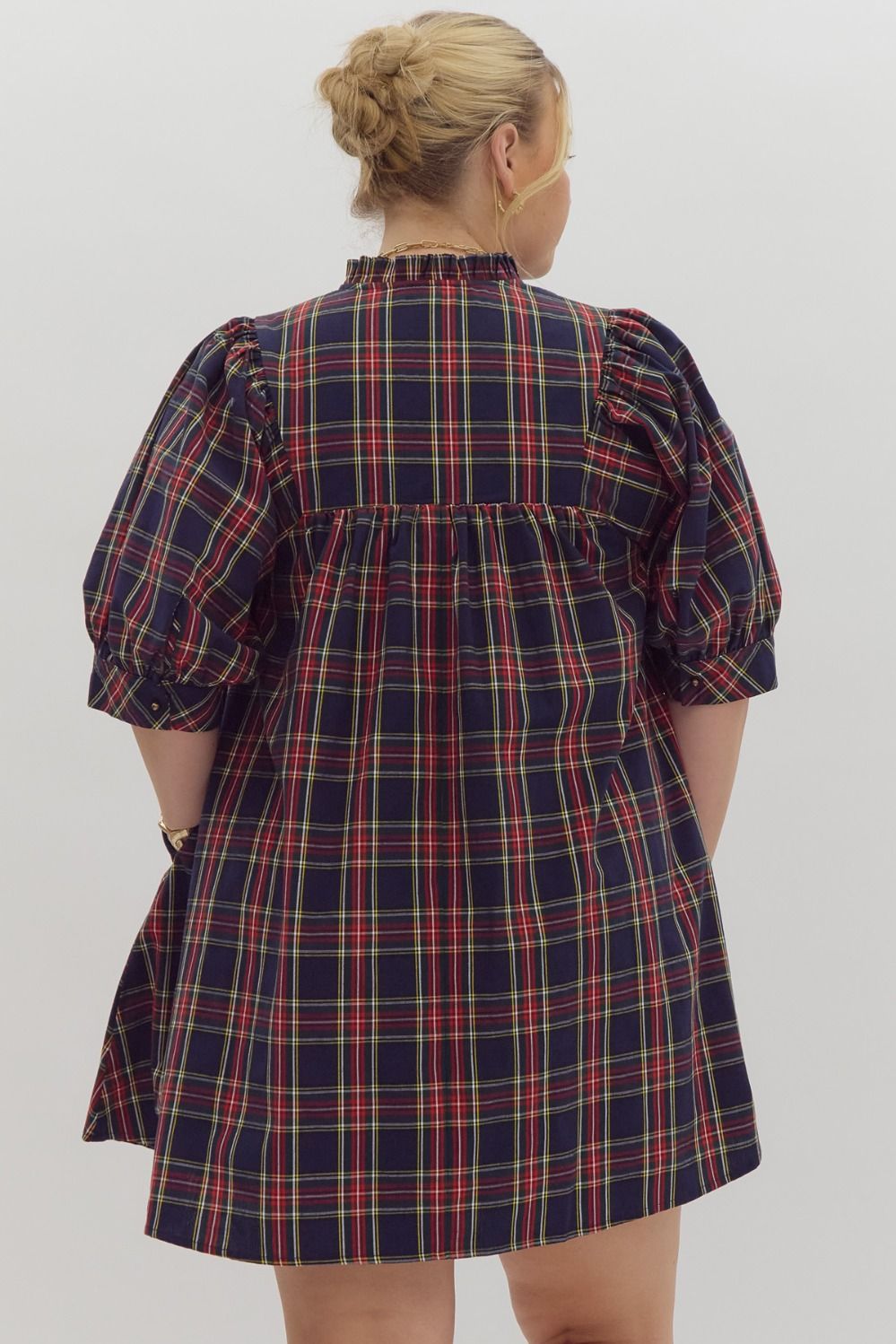 Navy Plaid Short Sleeve Dress