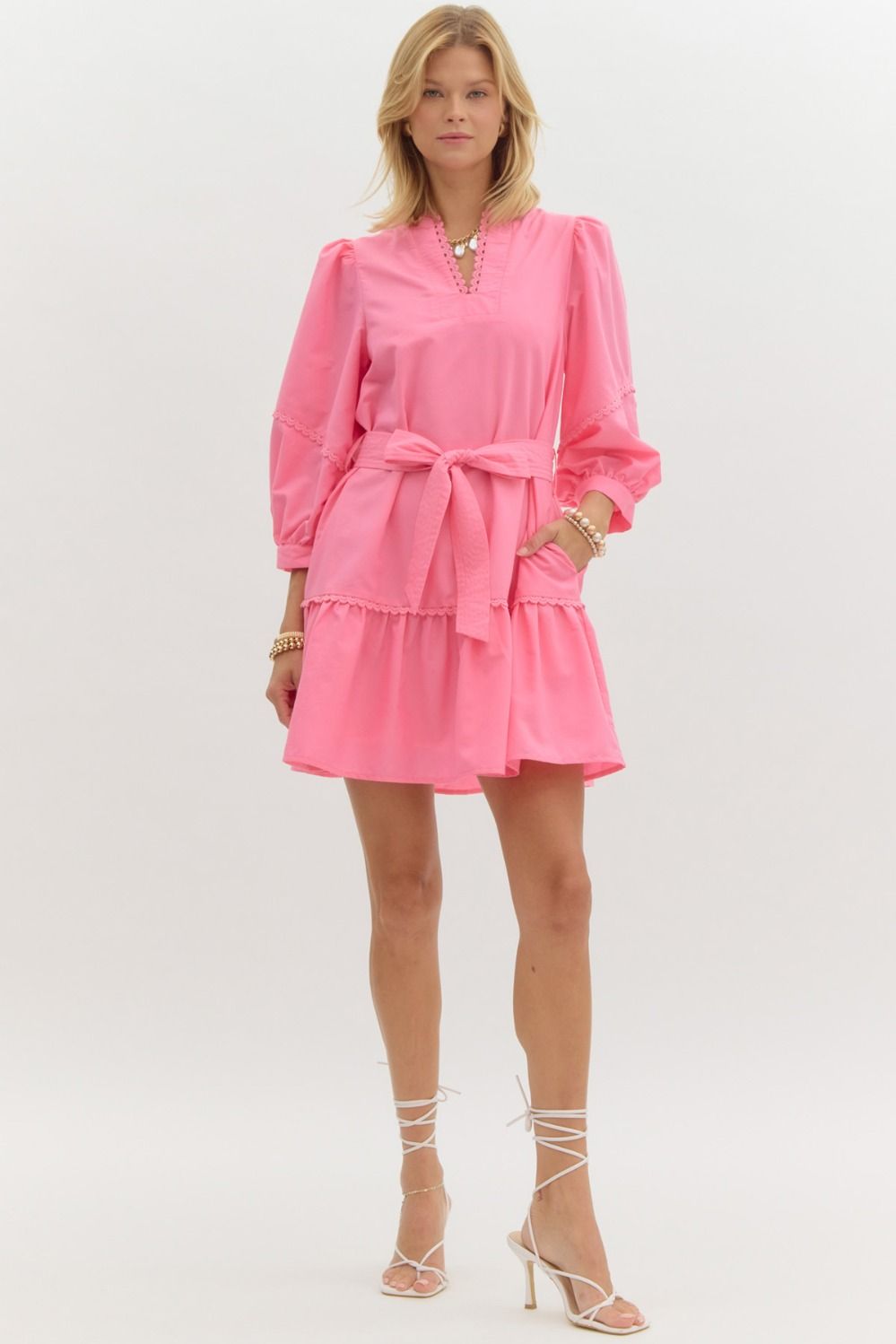 Pink Scallop Trim Belted Dress