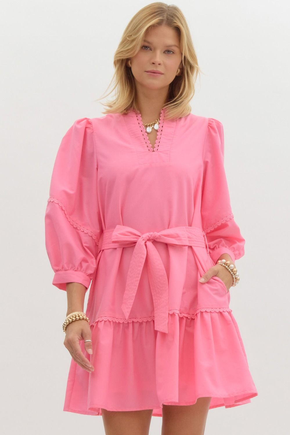 Pink Scallop Trim Belted Dress