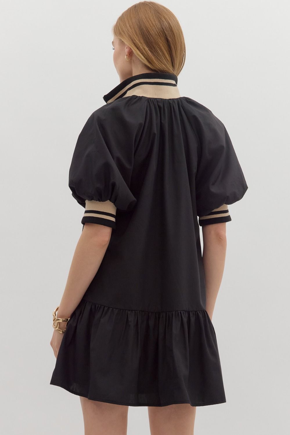 Black Solid puff sleeve ruffle hem mini dress