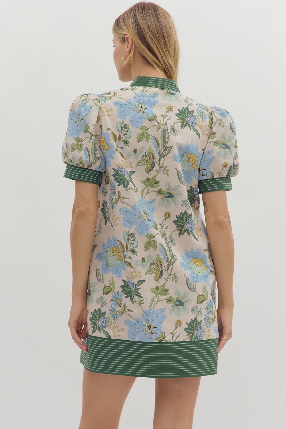Green Floral print short puff sleeve pullover mini dress