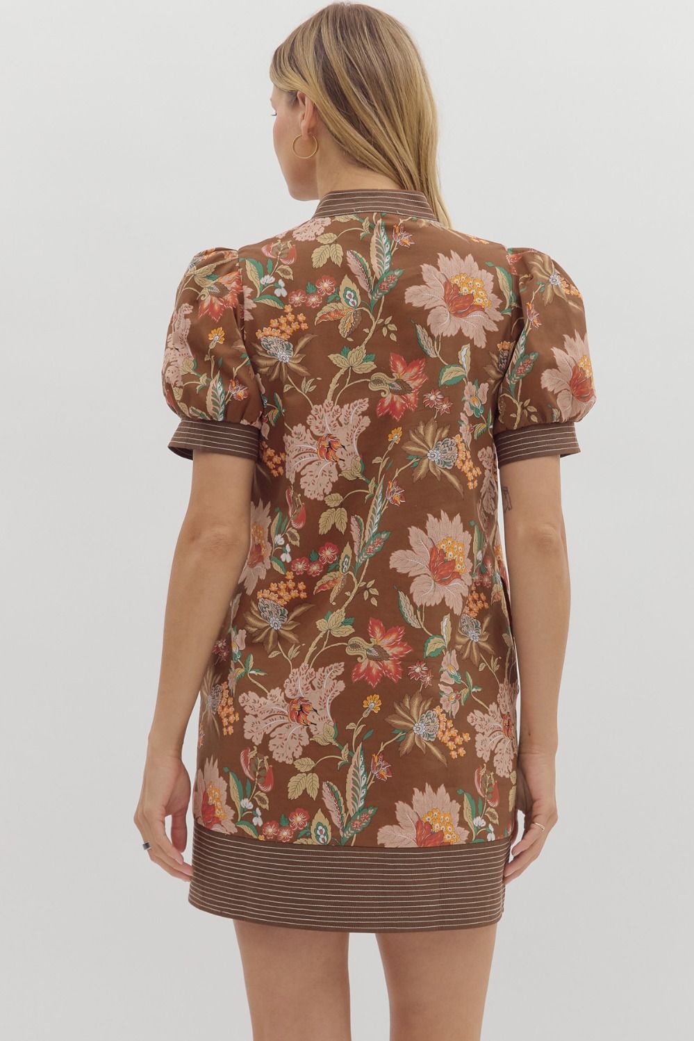 Brown Floral Short Puff Sleeve Pullover Mini Dress